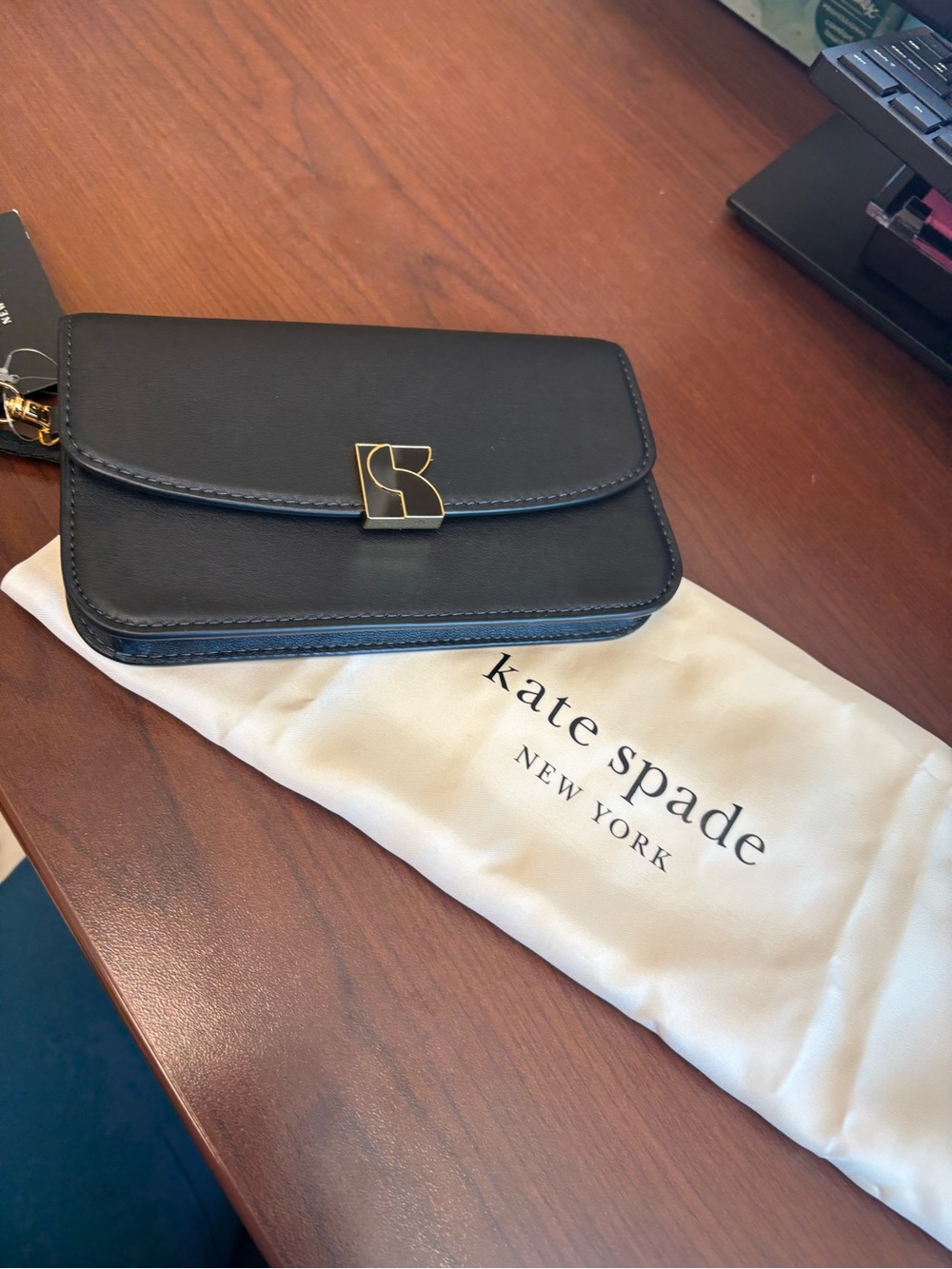 kate spade Black Leather Shoulder Wallet with Gold Logo